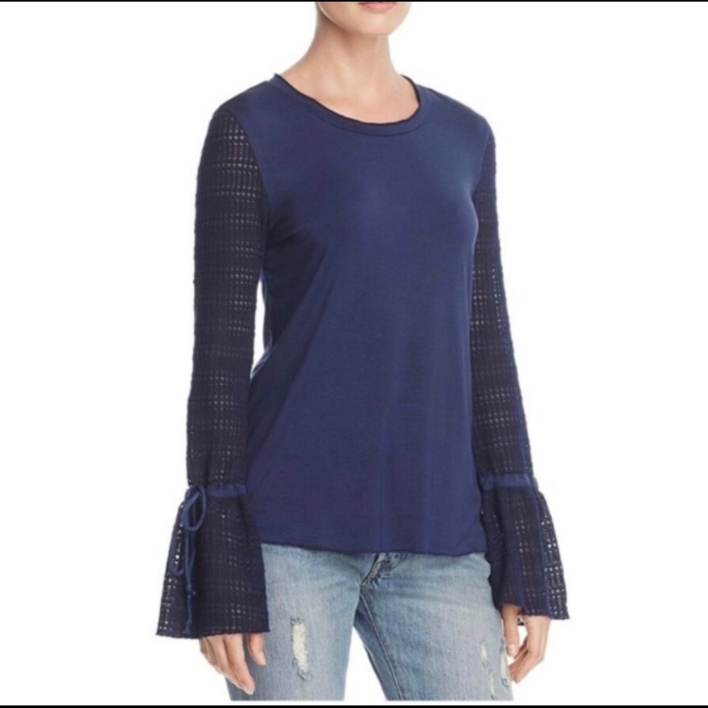 Ella Moss Blue Crochet Sleeve Top  Size Small